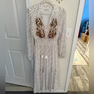 White chiffon boho embroidered polka dot maxi dress taupe